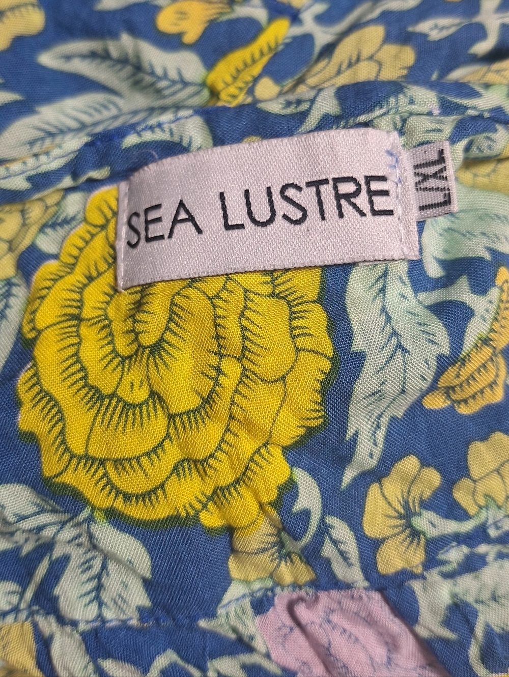 Sea Lustre Floral Blue Purple Yellow Short Sleeve Waist Tie V-Neck Mini Dress - Picture 6 of 7